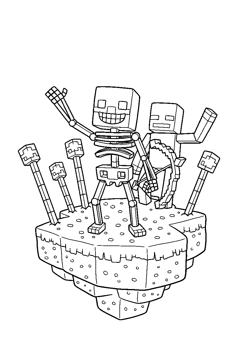 minecraft skeleton waving happily on an end island line art