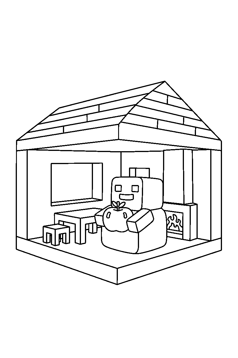 minecraft slime holding an apple inside a house line art