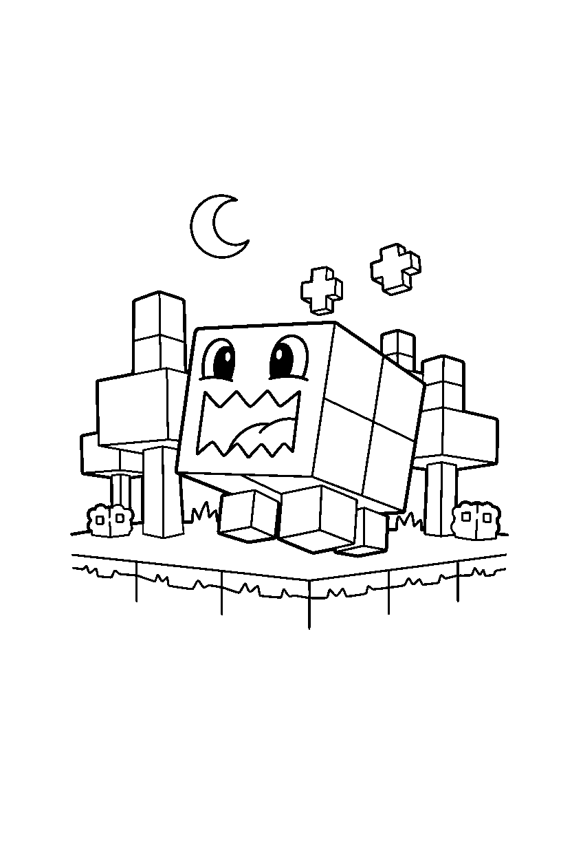 minecraft slime howling playfully in a forest line art
