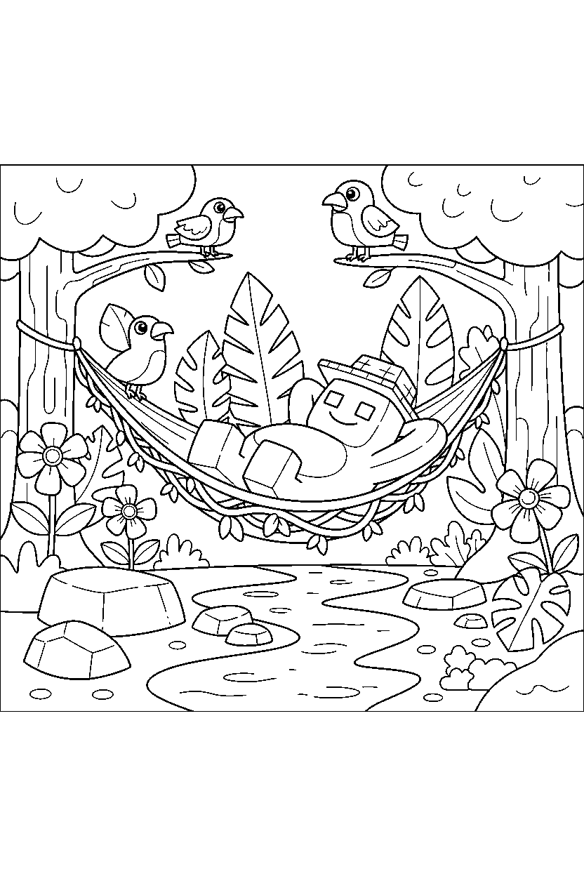 minecraft slime relaxing peacefully in a jungle line art
