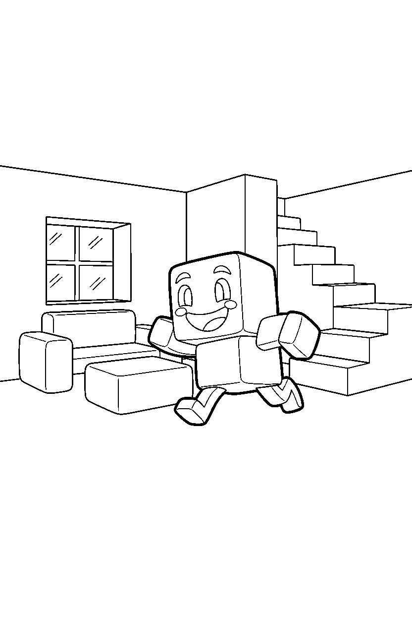 minecraft slime running happily inside a house line art
