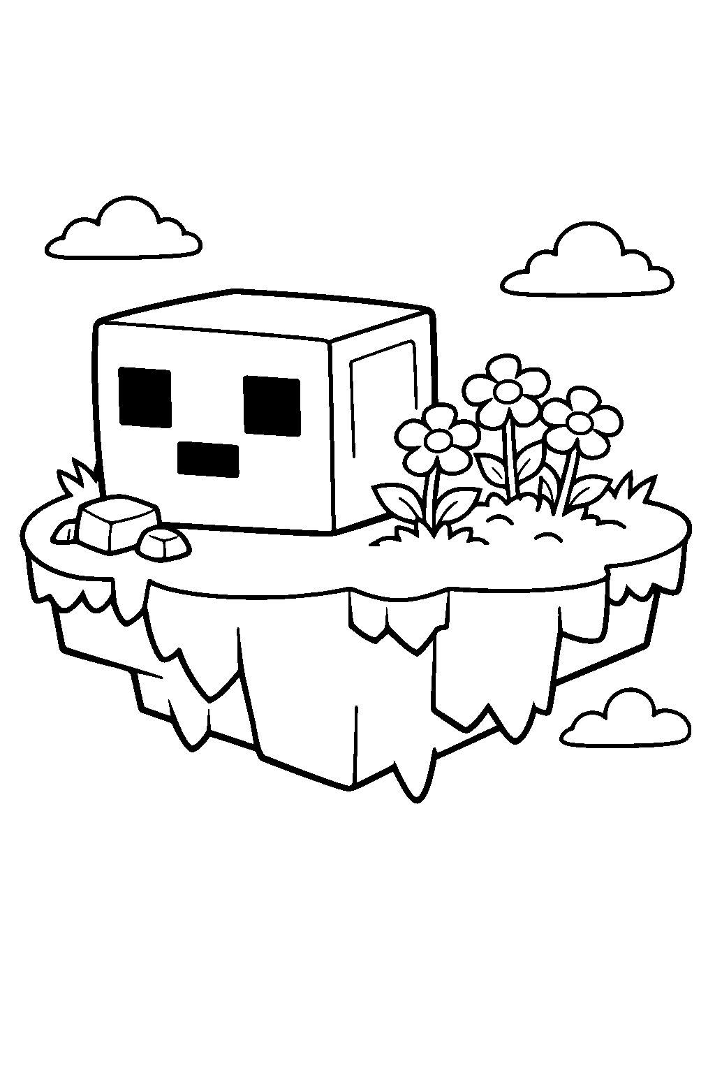 minecraft slime standing near flowers on a sky island line art