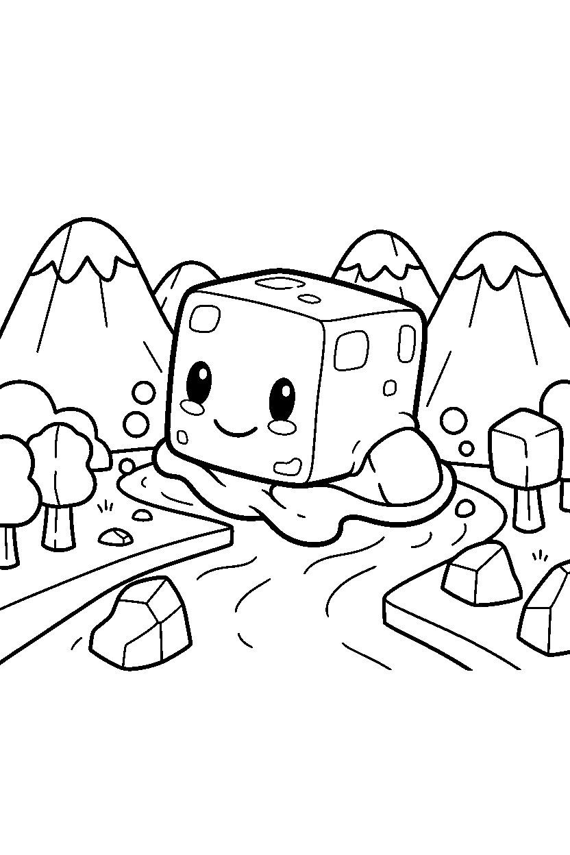minecraft slime swimming calmly in mountains line art