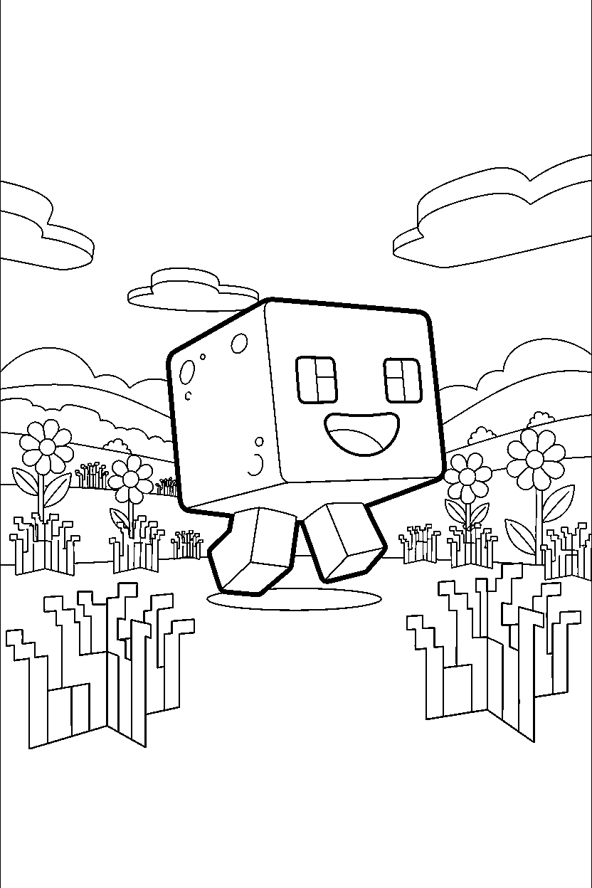 minecraft slime walking happily in a meadow line art