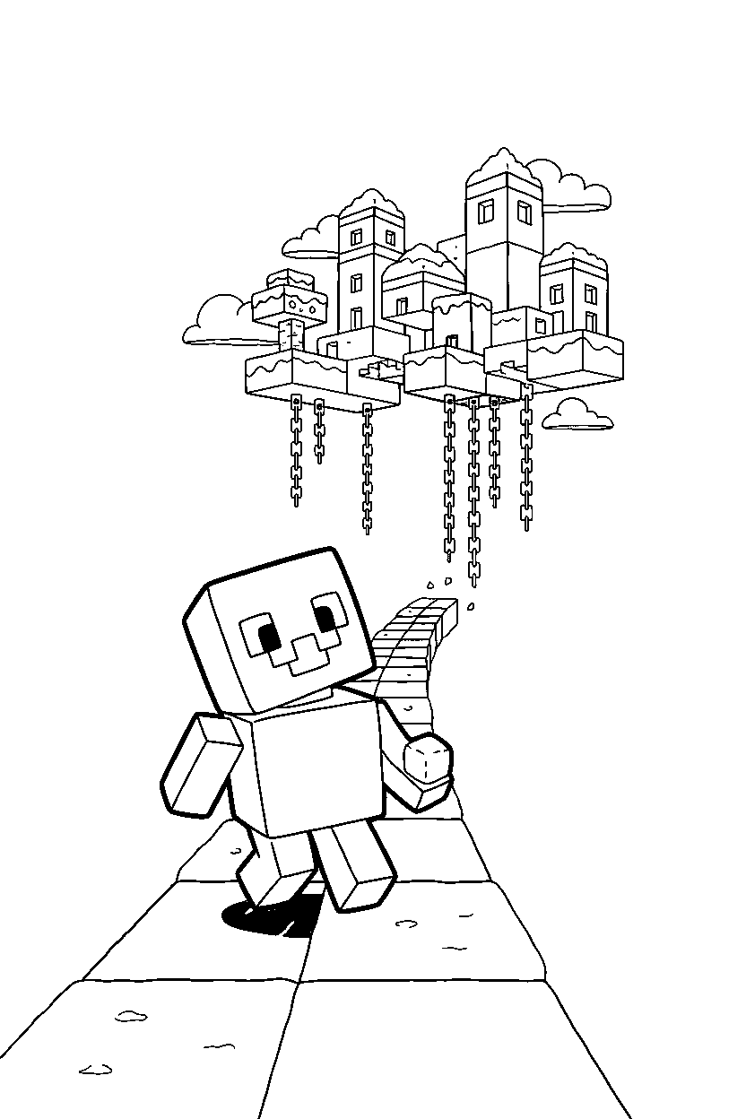 minecraft snow golem exploring curiously in a sky base line art