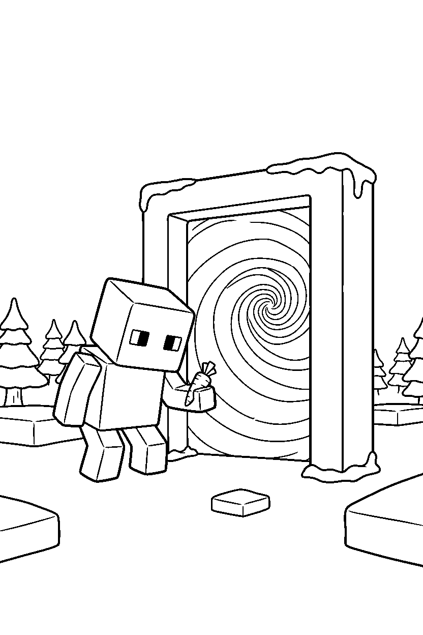 minecraft snow golem exploring curiously near a portal line art