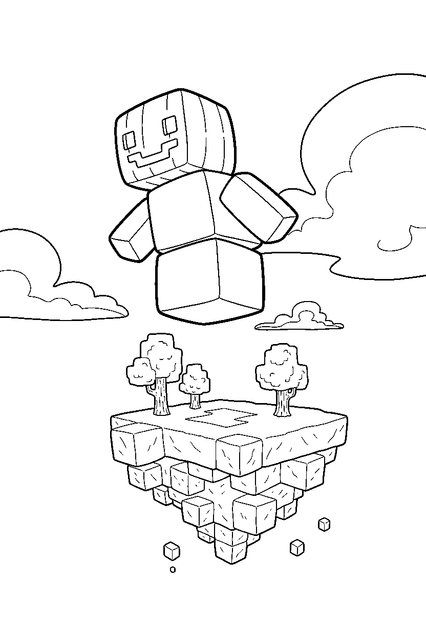 minecraft snow golem gliding calmly in a sky base line art