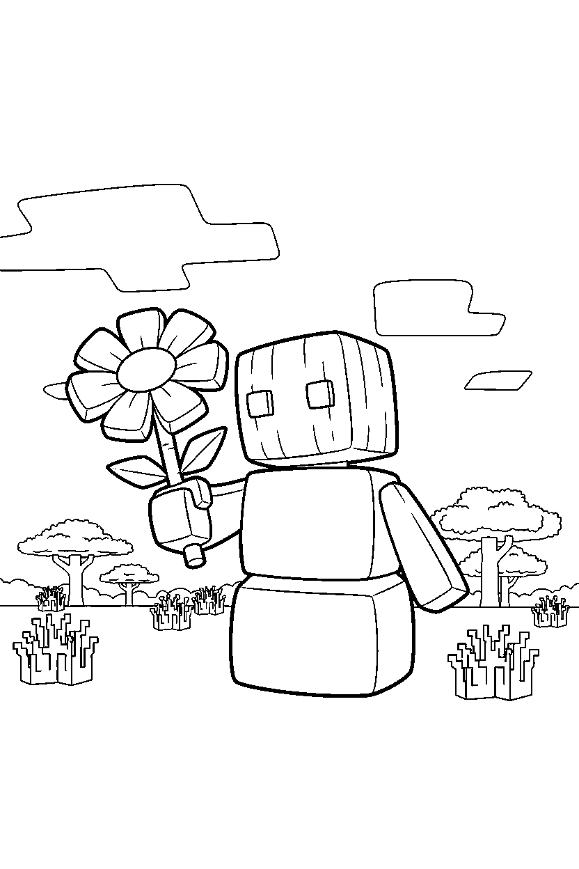 minecraft snow golem holding a flower in a savanna line art