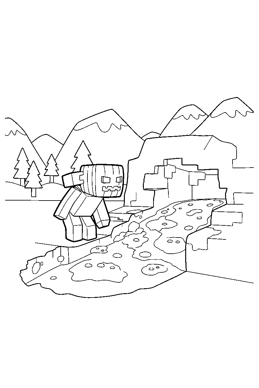 minecraft snow golem listening carefully near a lava cave line art