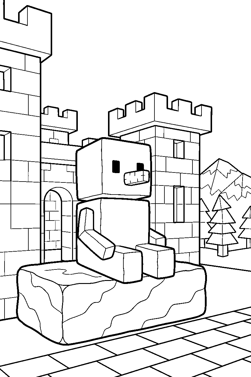 minecraft snow golem sitting in stone castle line art