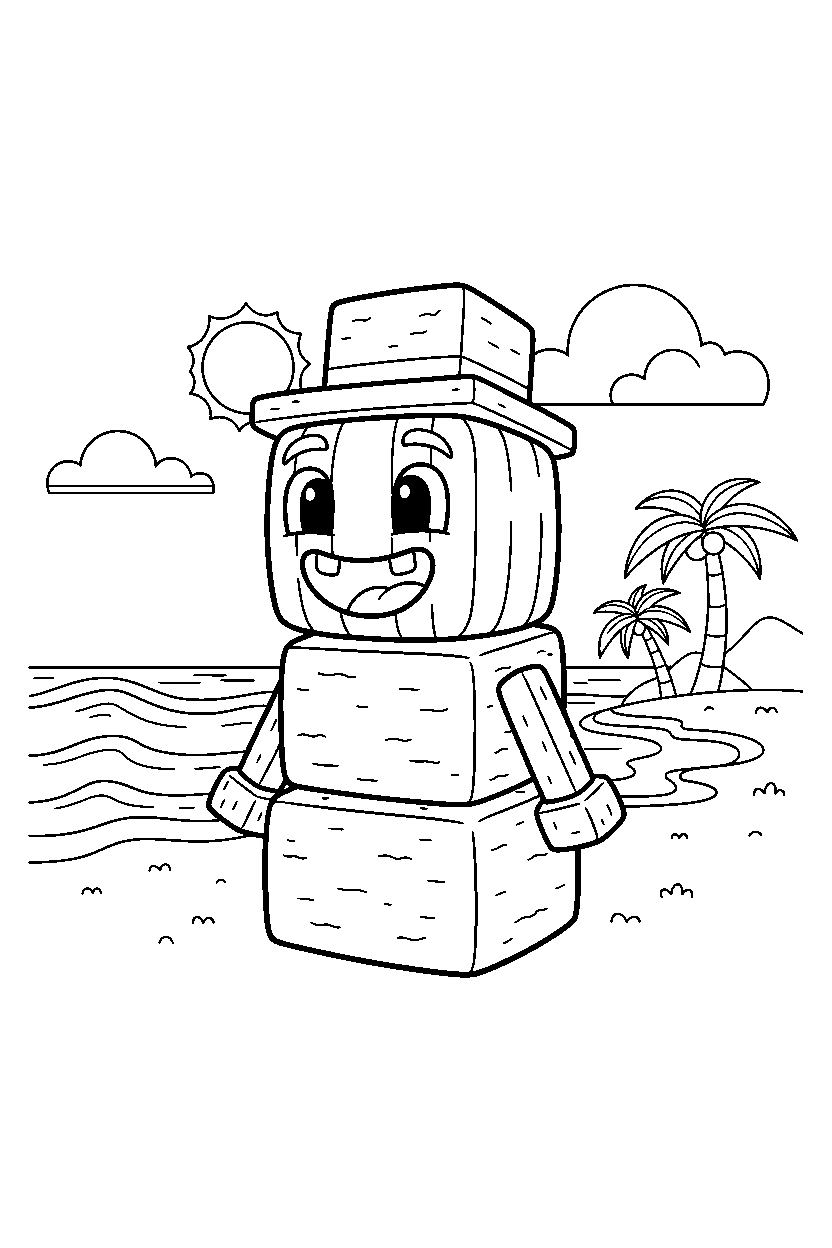 minecraft snow golem smiling happily on a beach line art