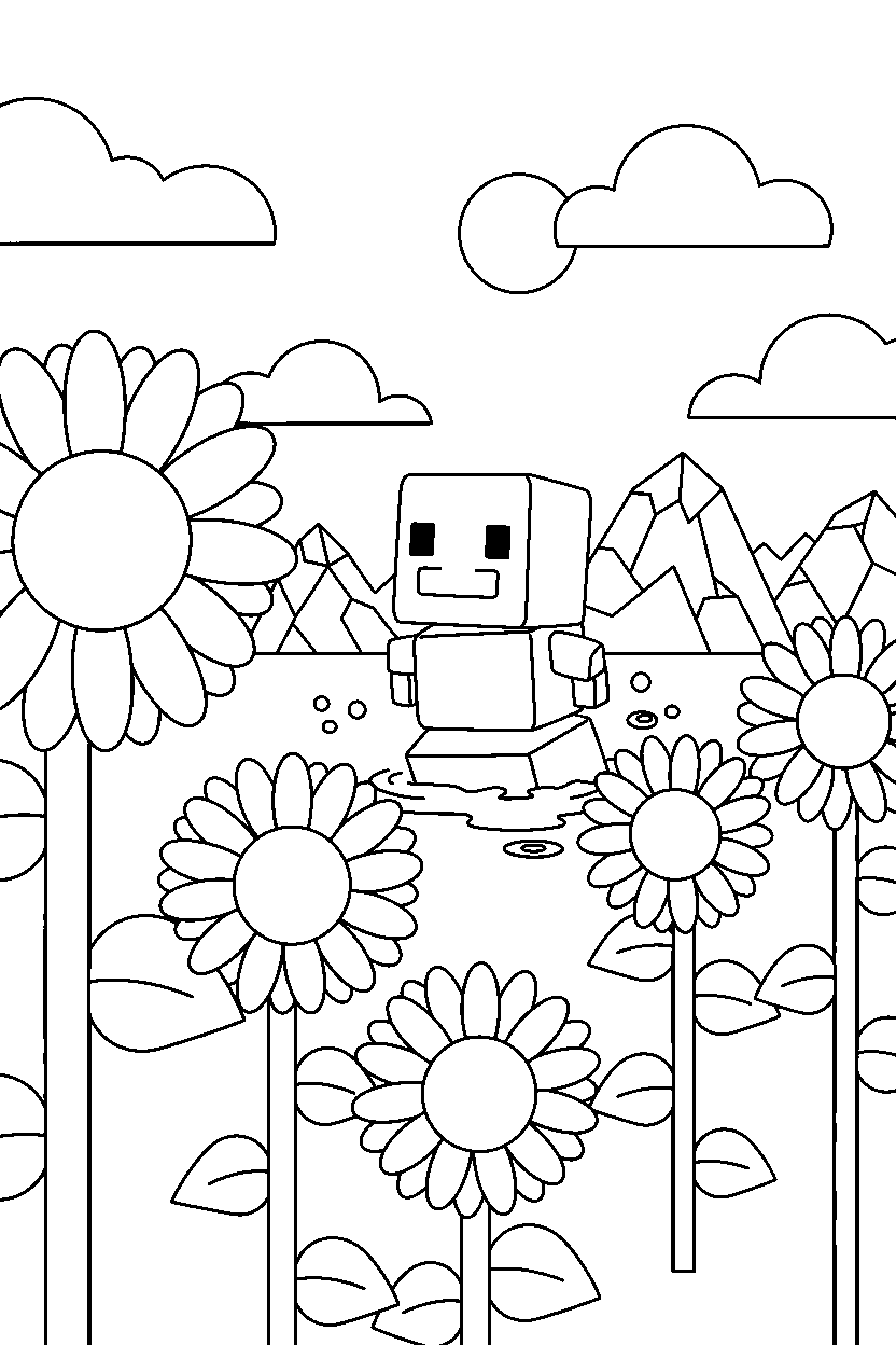 minecraft snow golem swimming calmly in sunflower plains line art
