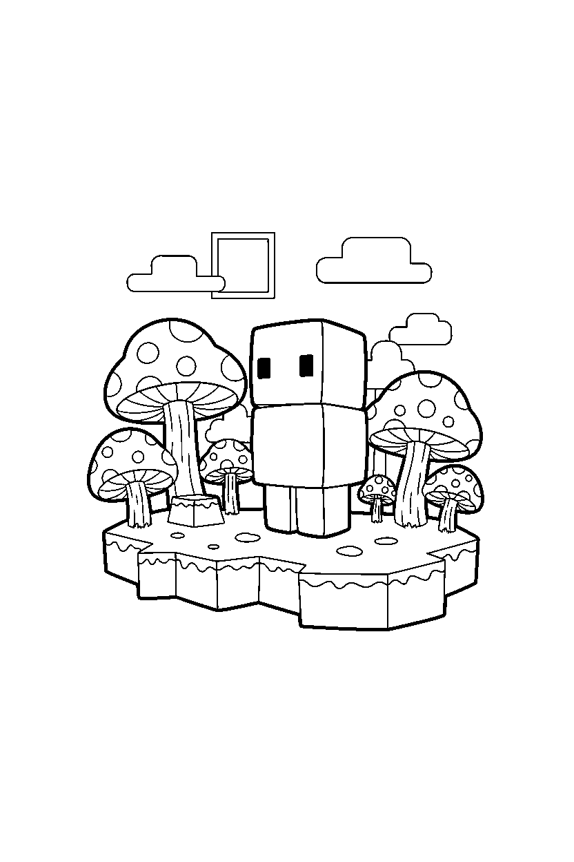 minecraft snow golem watching calmly on a mushroom island line art