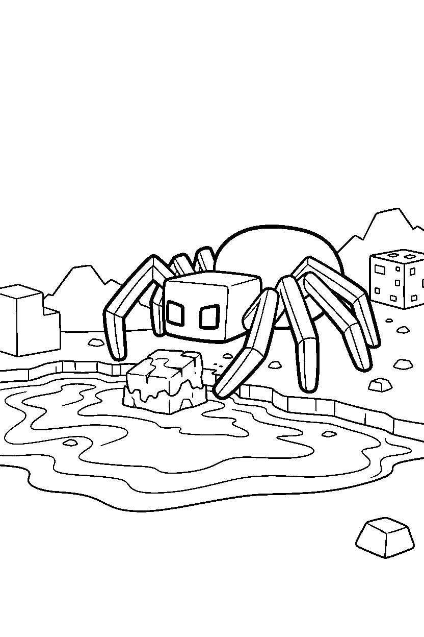 minecraft spider digging carefully near a lava lake line art