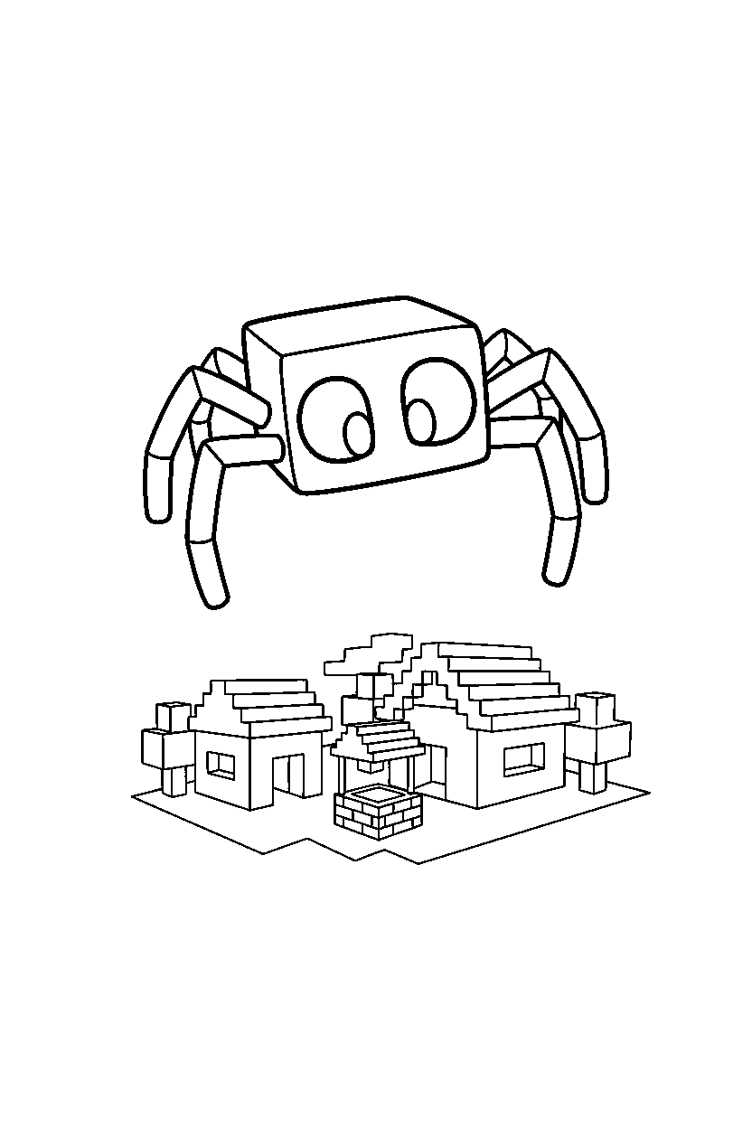 minecraft spider floating calmly in a village line art
