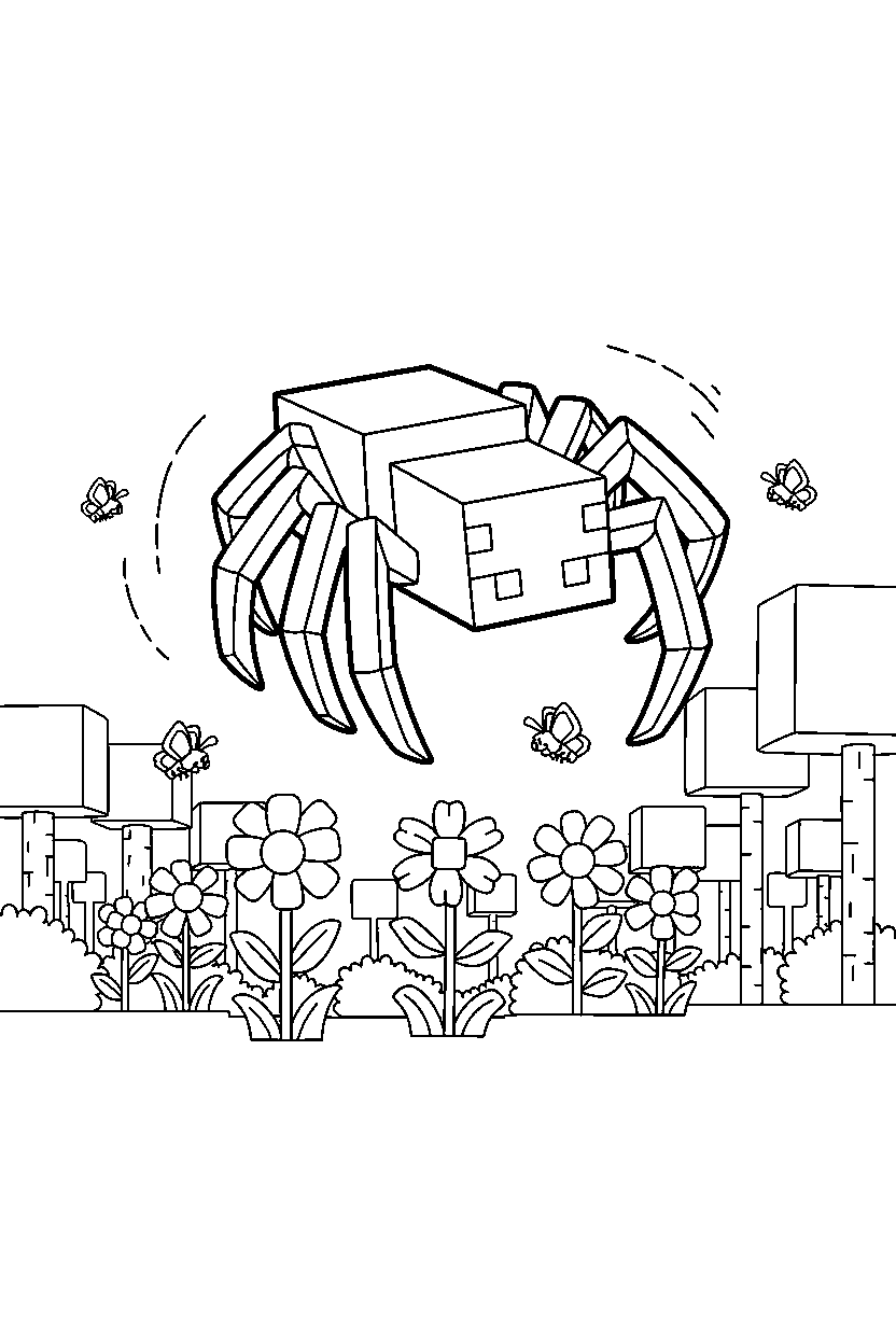 minecraft spider flying calmly in a flower forest line art