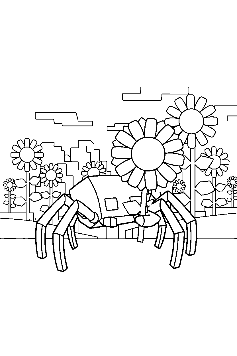 minecraft spider holding a flower in sunflower plains line art