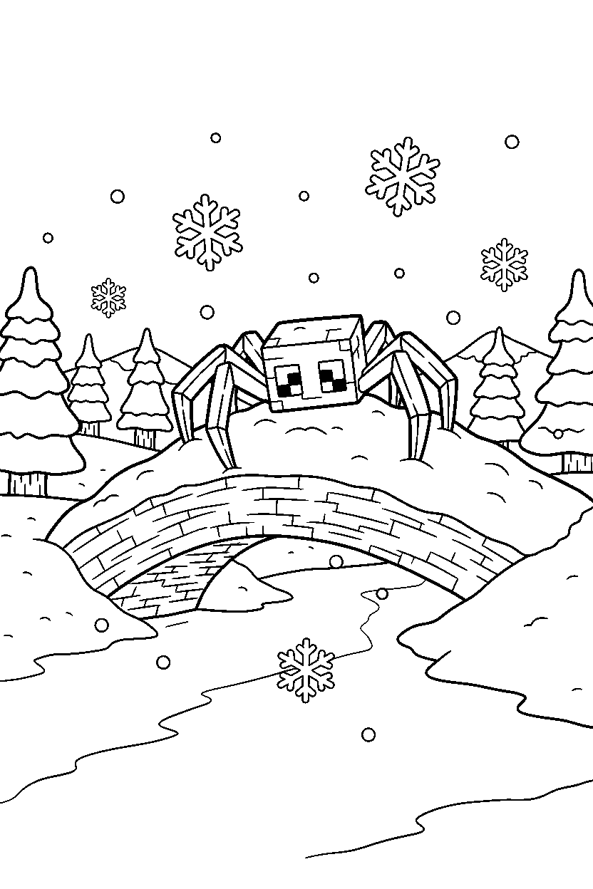 minecraft spider playing in snow on a bridge line art