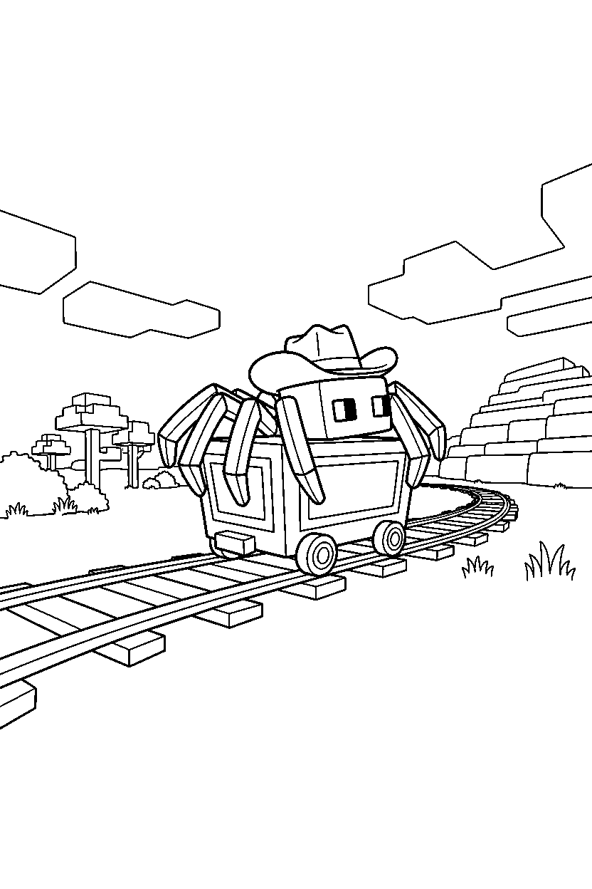 minecraft spider riding a minecart in a savanna line art