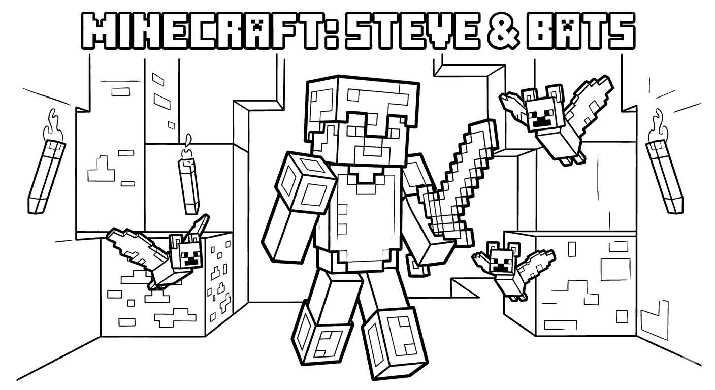 minecraft steve and bats cave line art