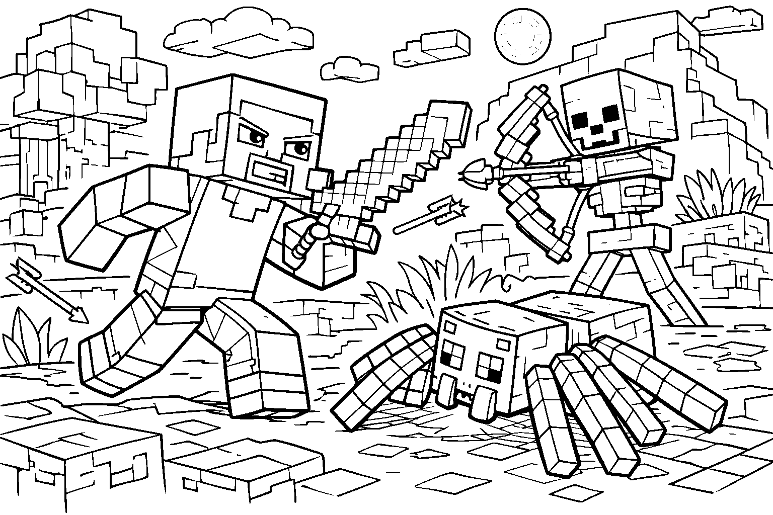 minecraft steve battle mobs line art