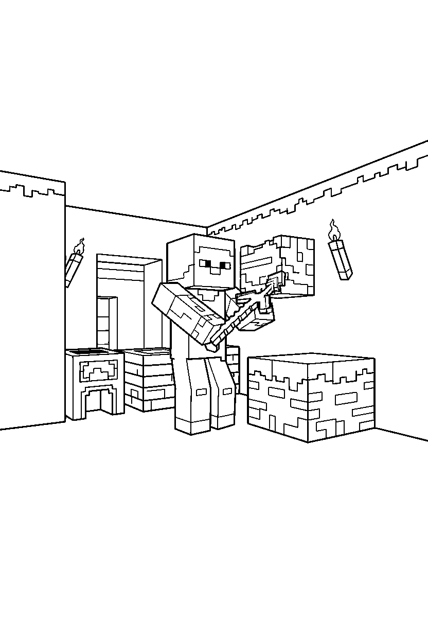 minecraft steve digging carefully in a survival base line art