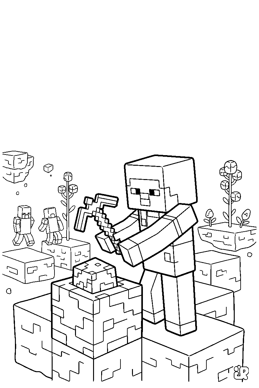 minecraft steve digging carefully on an end island line art