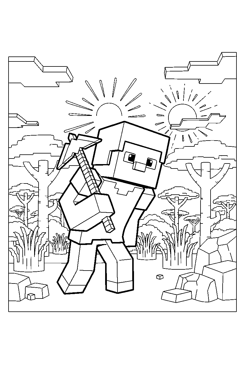 minecraft steve exploring curiously in a savanna line art