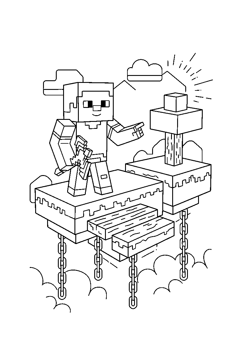 minecraft steve exploring curiously in a sky base line art