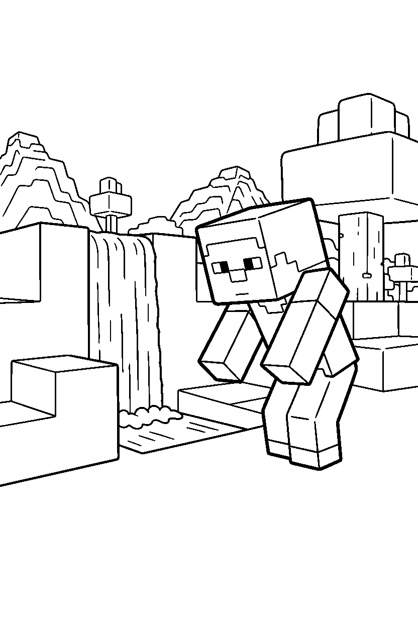 minecraft steve exploring curiously near a waterfall line art