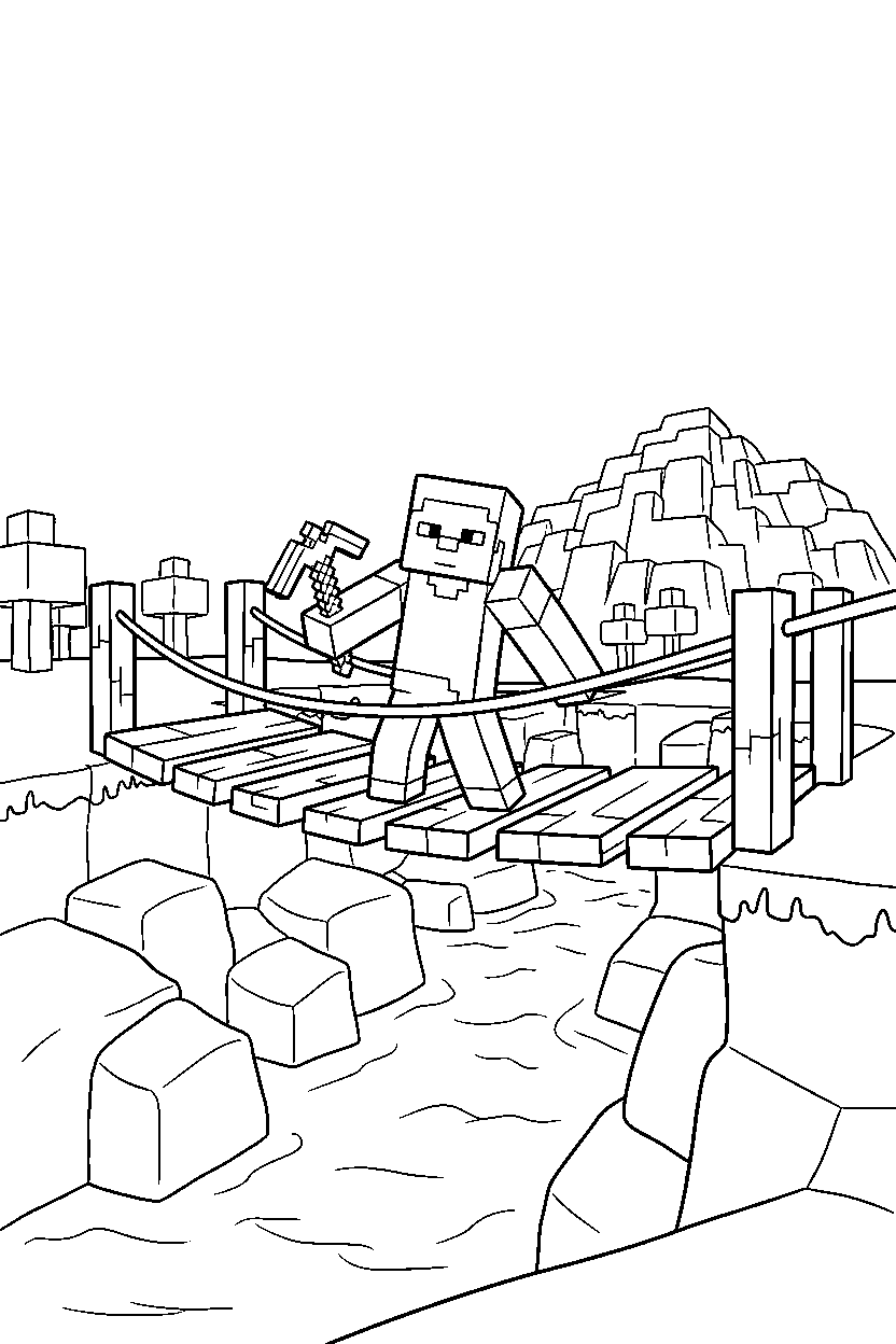 minecraft steve exploring curiously on a bridge line art