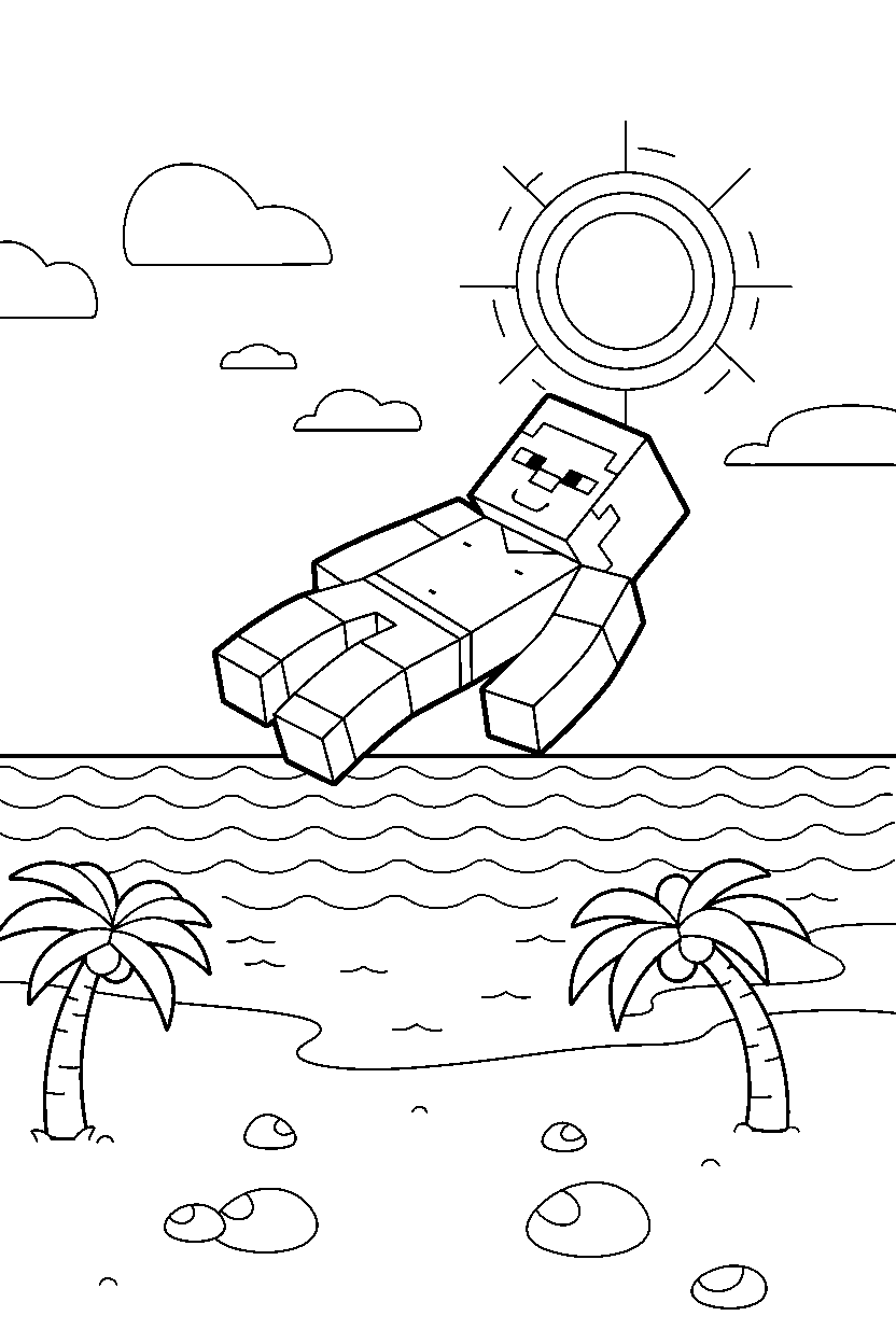 minecraft steve floating calmly on a beach line art