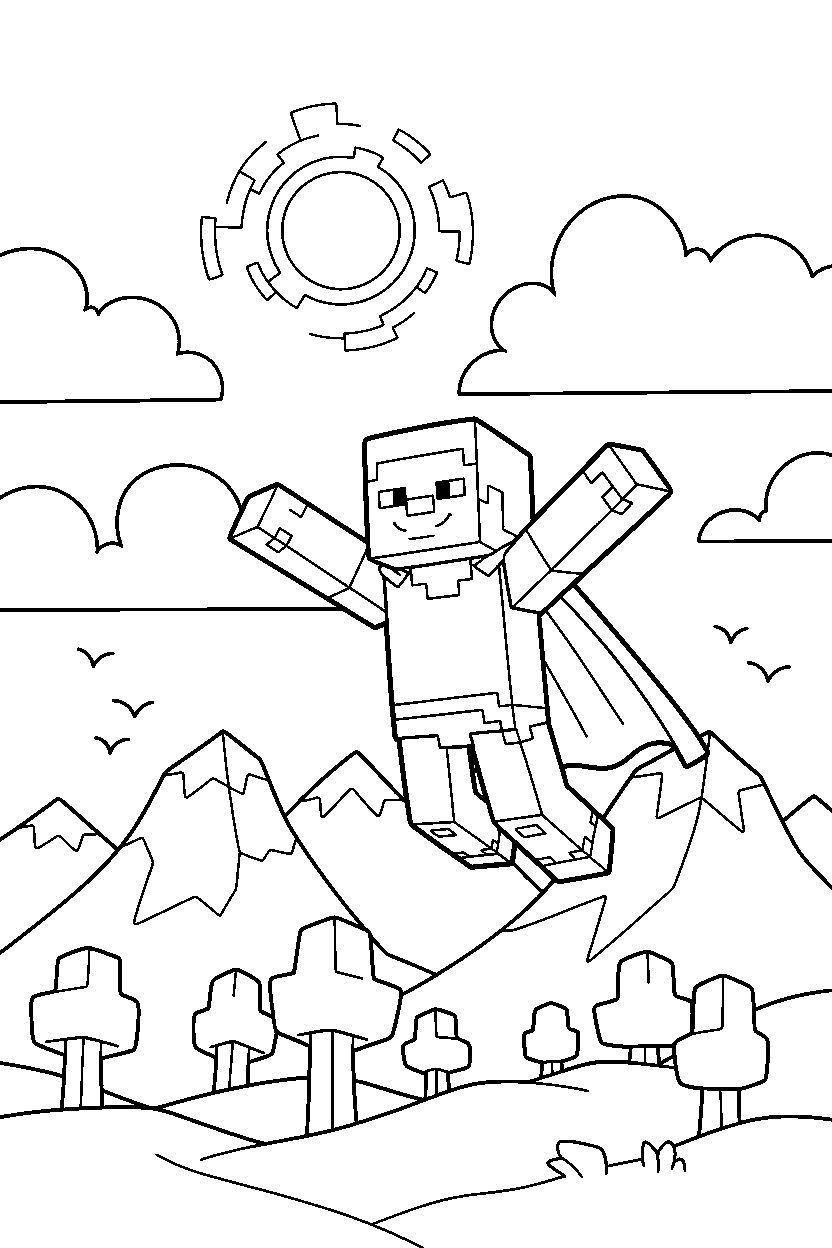 minecraft steve flying calmly in mountains line art