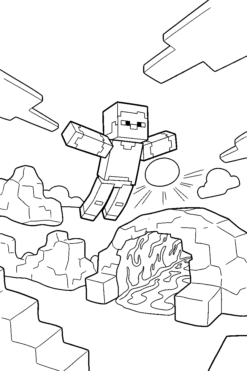 minecraft steve flying calmly near a lava cave line art