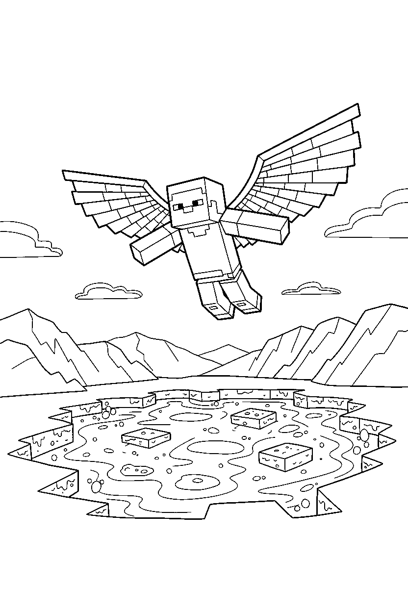 minecraft steve flying calmly near a lava lake line art