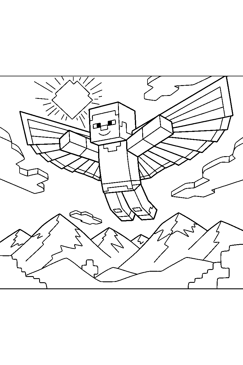 minecraft steve gliding calmly in mountains line art