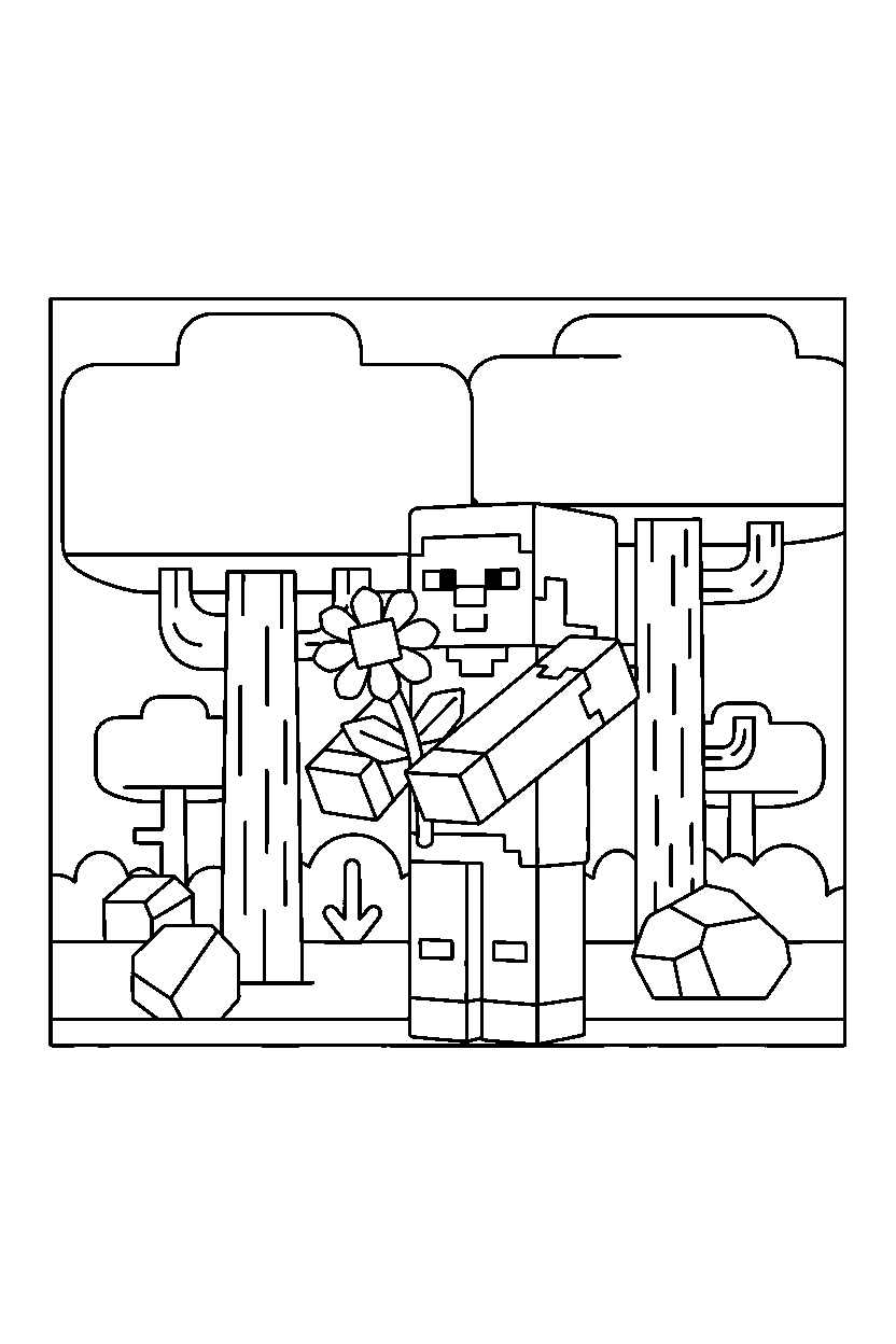 minecraft steve holding a flower in a dark forest line art