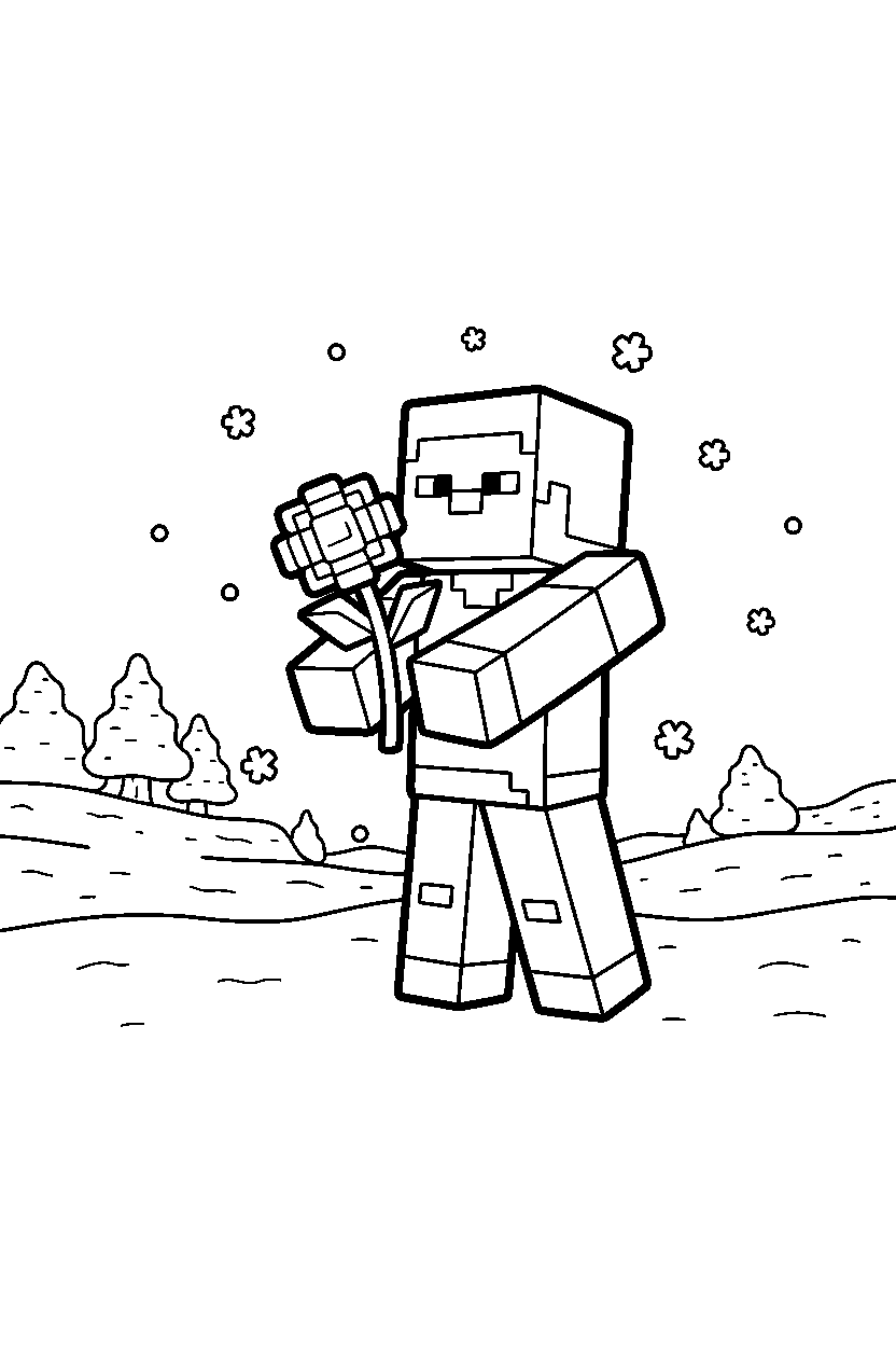 minecraft steve holding a flower in snowy tundra line art