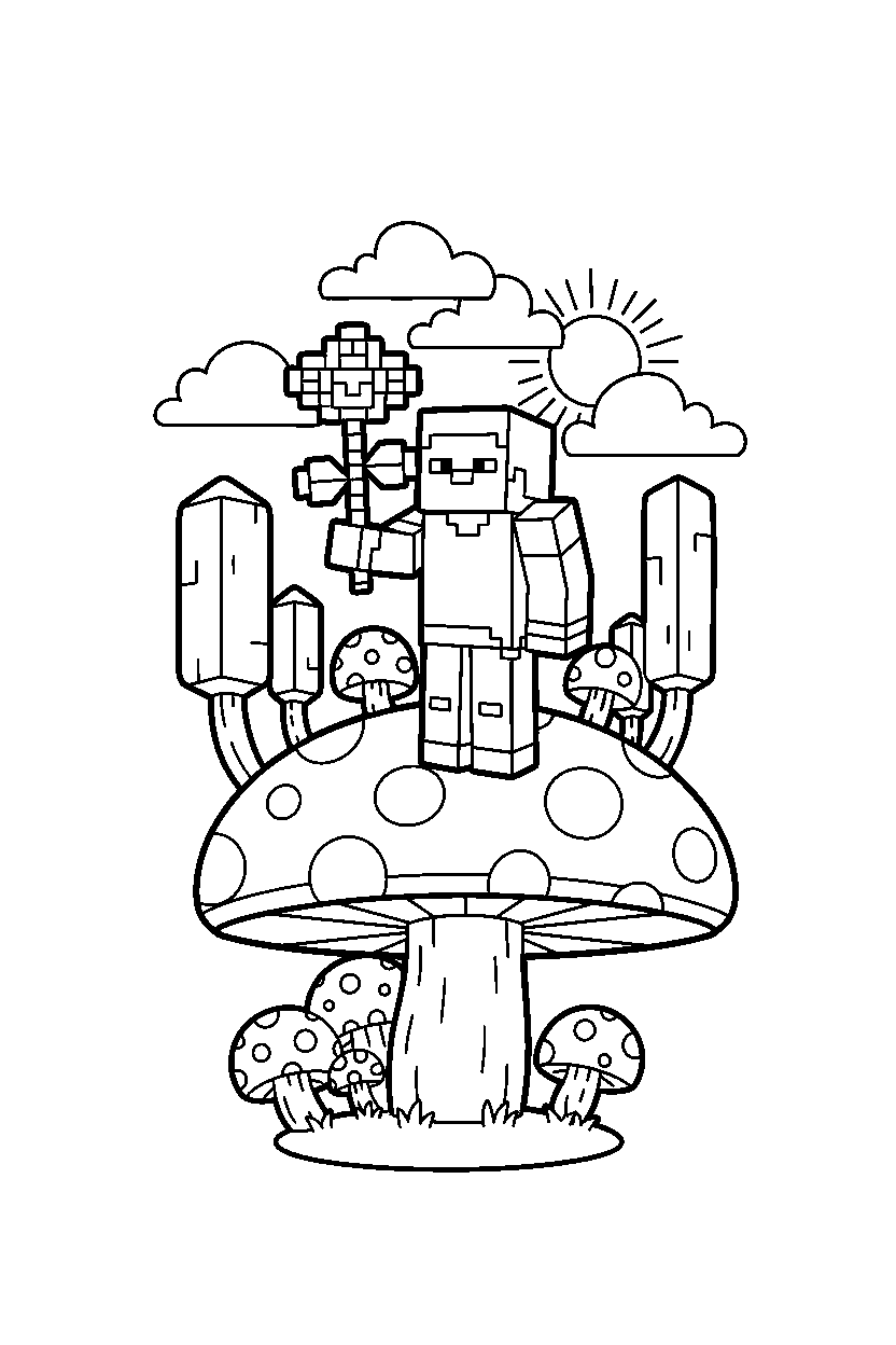 minecraft steve holding a flower on a mushroom island line art