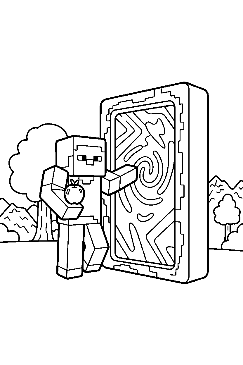 minecraft steve holding an apple near a portal line art