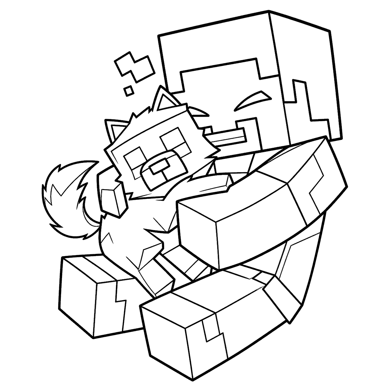 minecraft steve hugging tamed wolf line art for kids