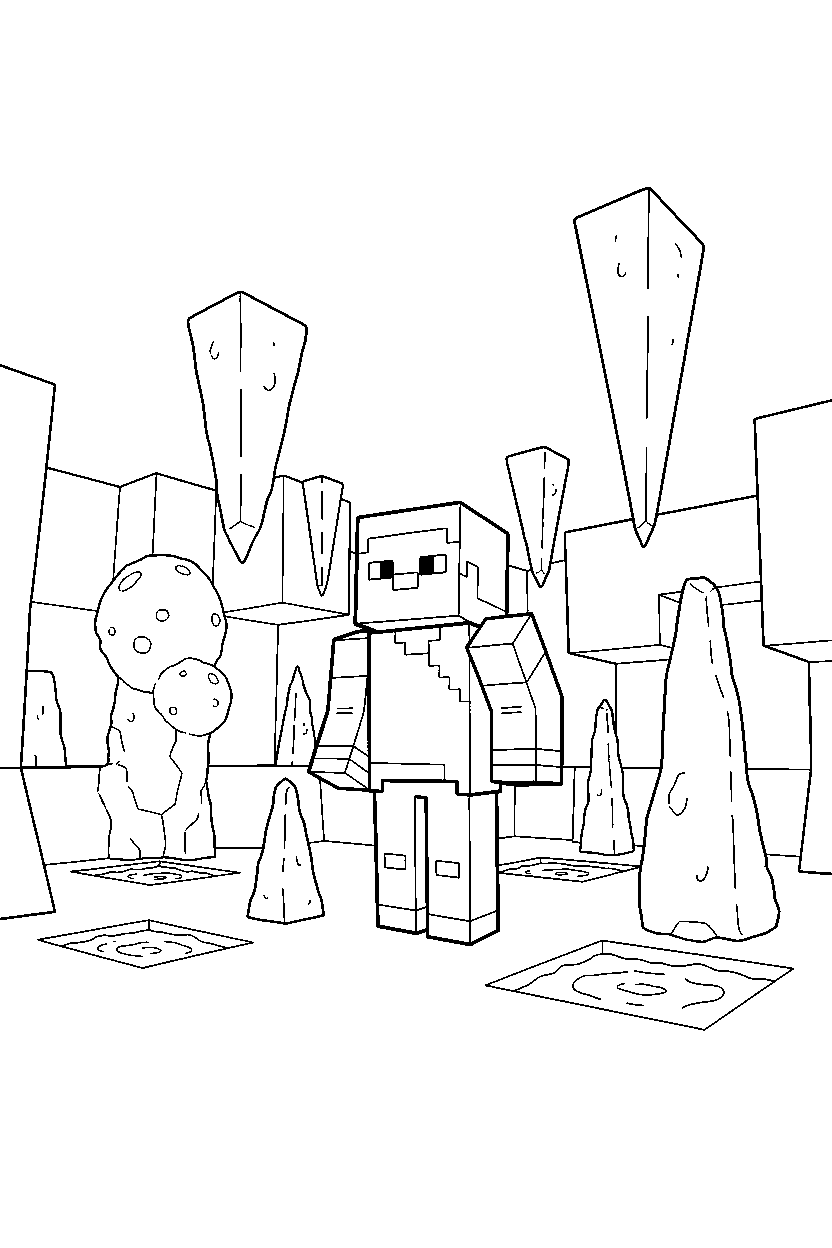 minecraft steve looking at the sky in a dripstone cave line art