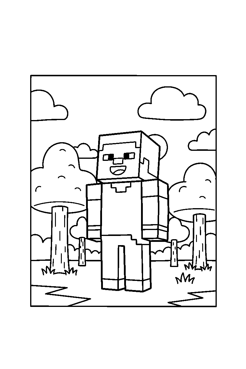 minecraft steve looking at the sky in a forest line art