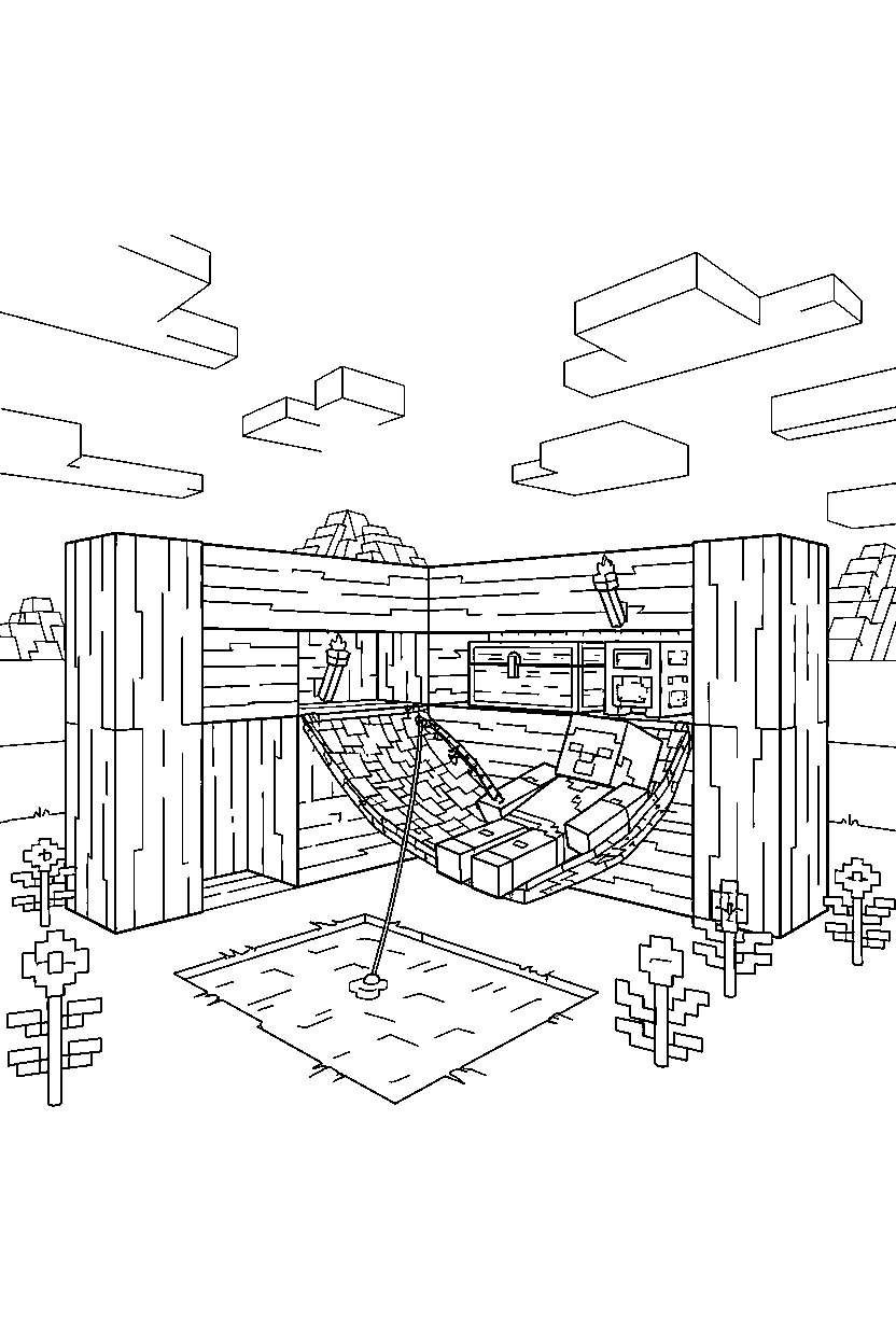 minecraft steve relaxing peacefully in a survival base line art