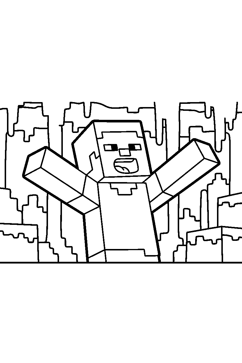 minecraft steve roaring playfully in a dripstone cave line art