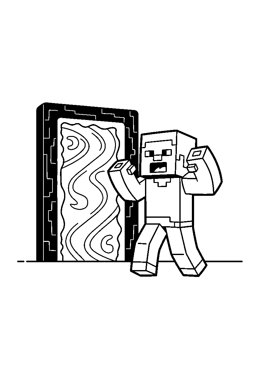 minecraft steve roaring playfully near a nether portal line art