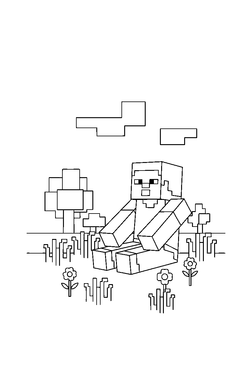 minecraft steve sitting calmly in a meadow line art
