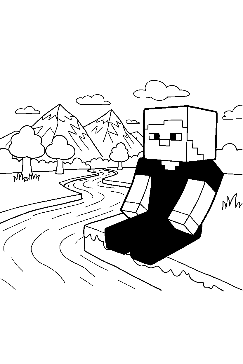 minecraft steve sitting calmly near a river line art