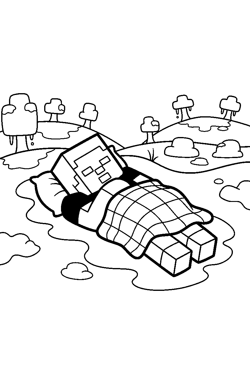 minecraft steve sleeping peacefully in snowy tundra line art
