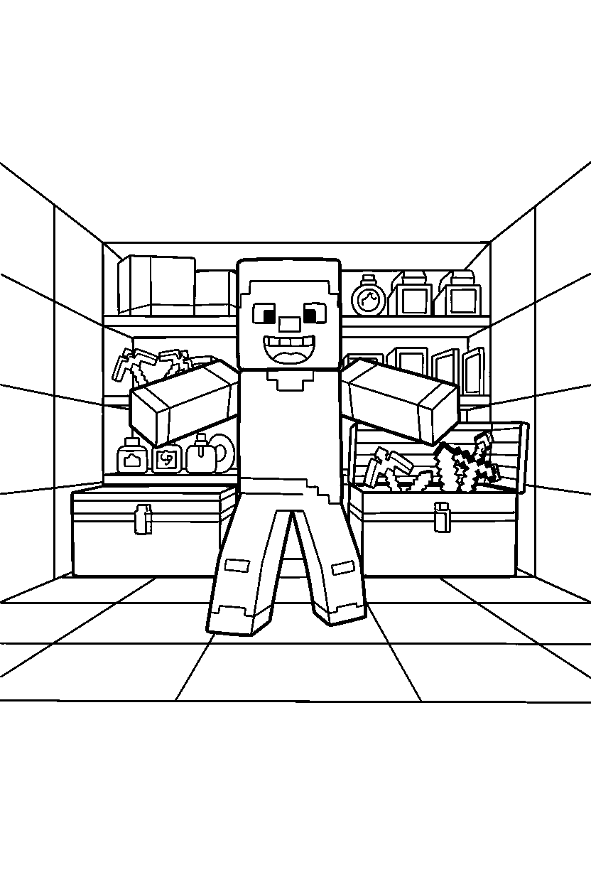 minecraft steve smiling happily inside a storage room line art